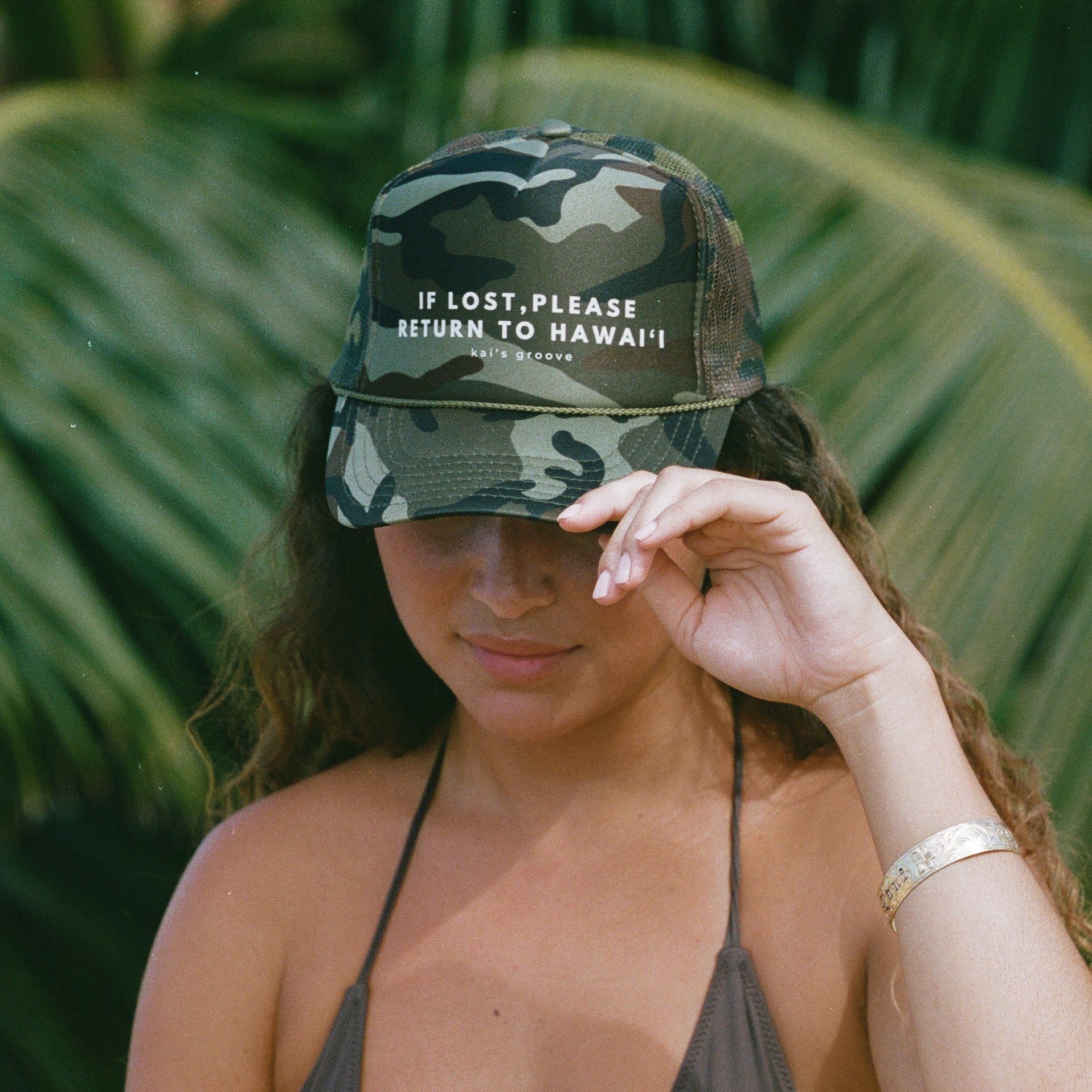 IF LOST, PLEASE RETURN TO HAWAI’I - full camo trucker hat