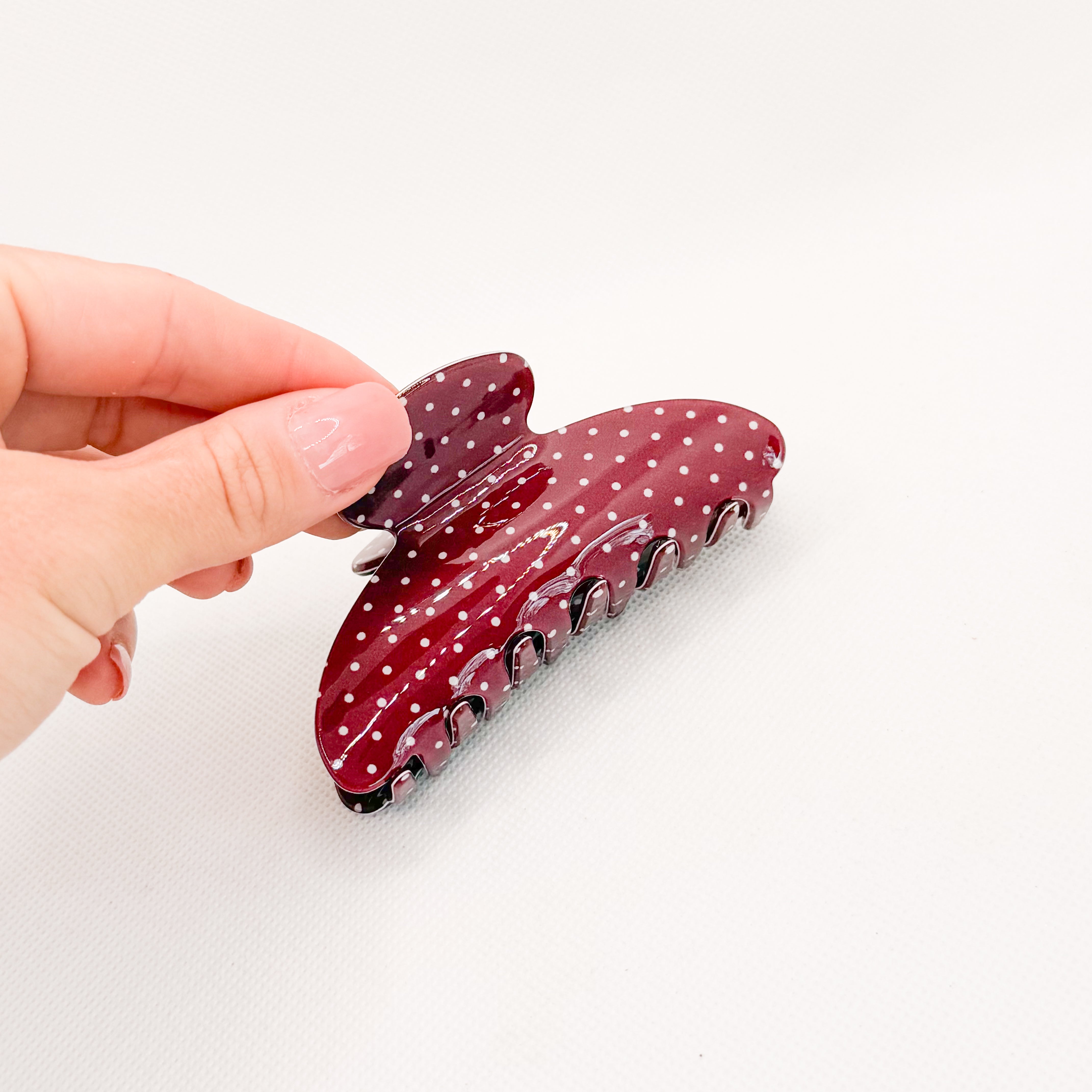 wine polka dot hair claw