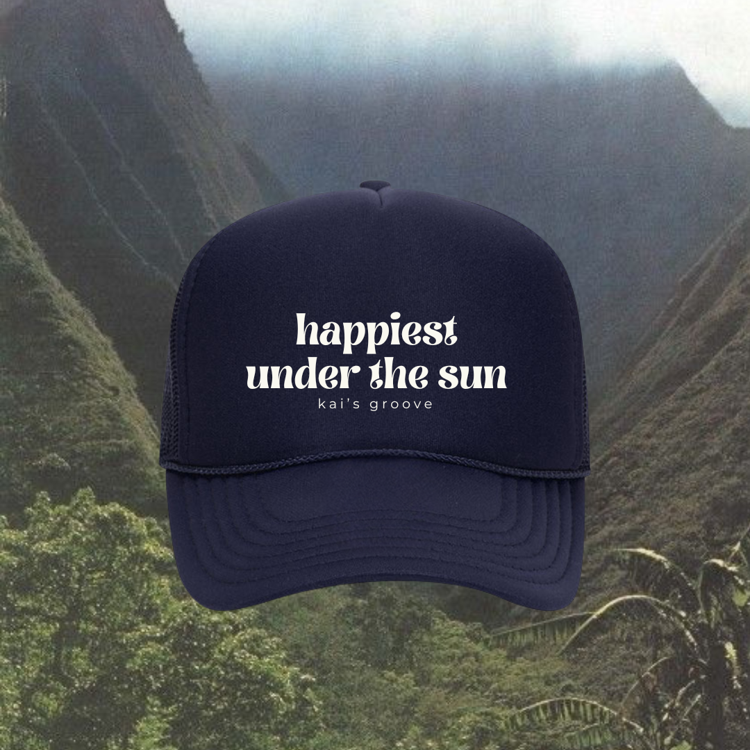 HAPPIEST UNDER THE SUN ocean blue trucker hat