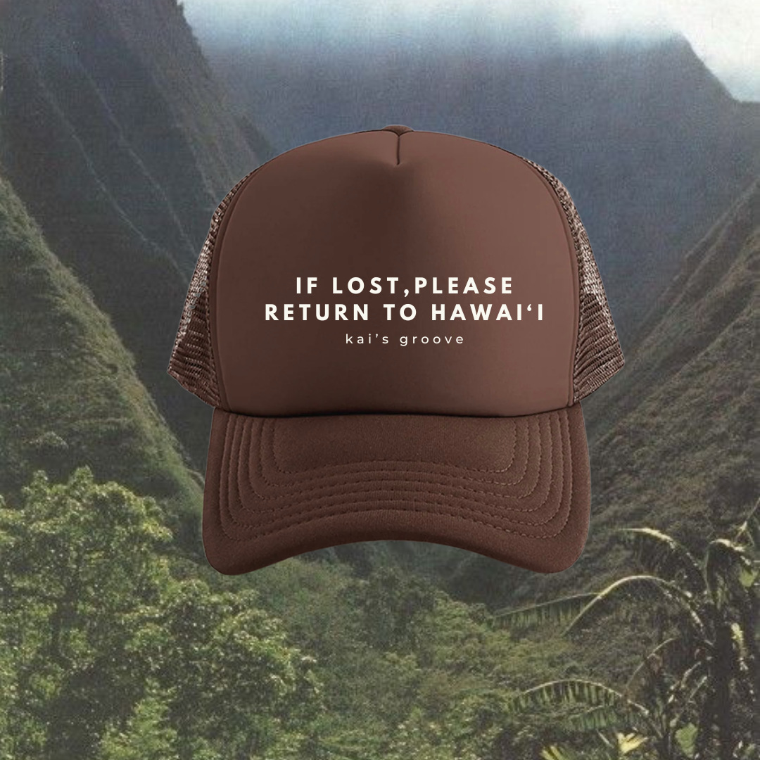 IF LOST, PLEASE RETURN TO HAWAI’I brown trucker hat