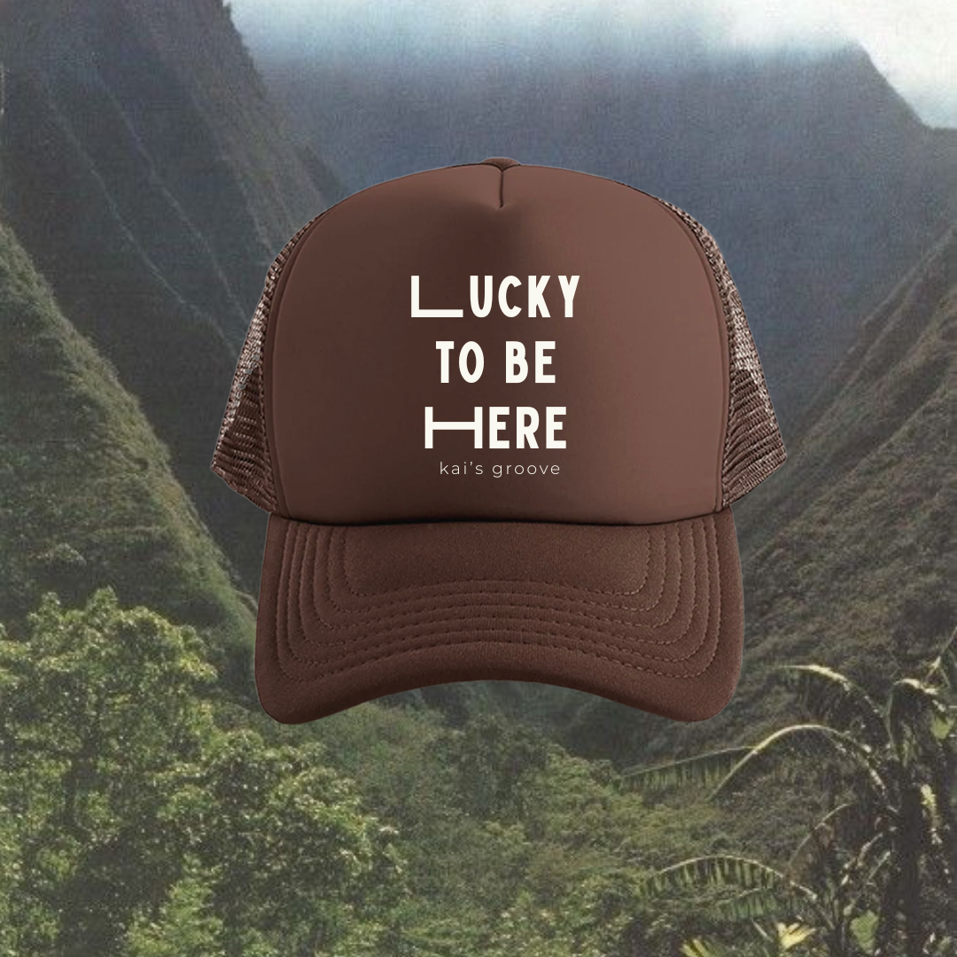 LUCKY TO BE HERE brown trucker hat