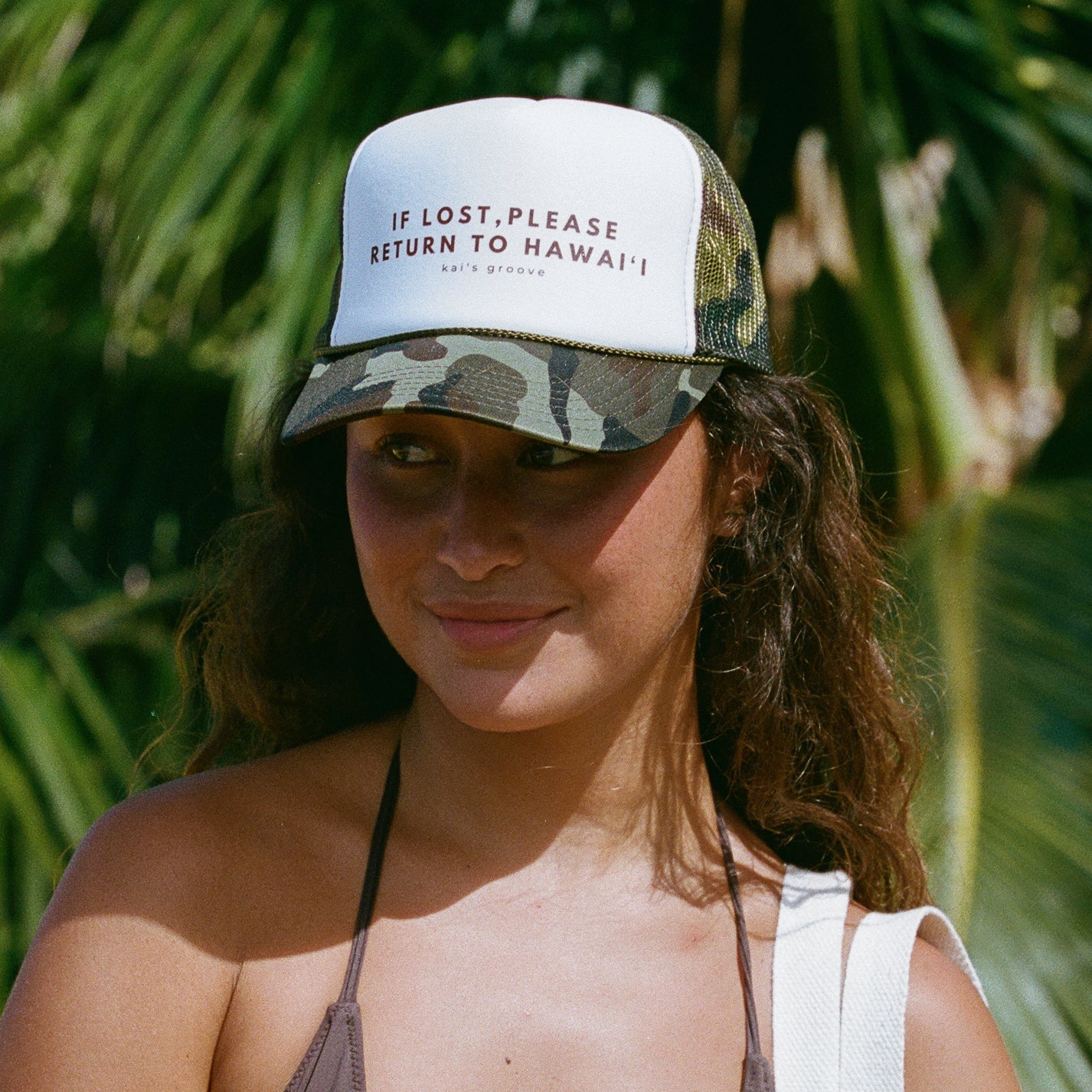 IF LOST, PLEASE RETURN TO HAWAI’I - white/camo trucker hat