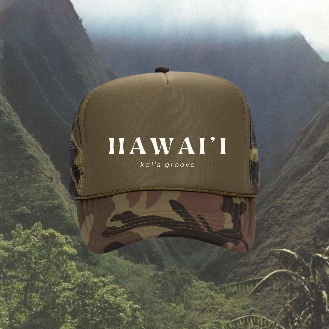 HAWAI’I dark green camo trucker hat