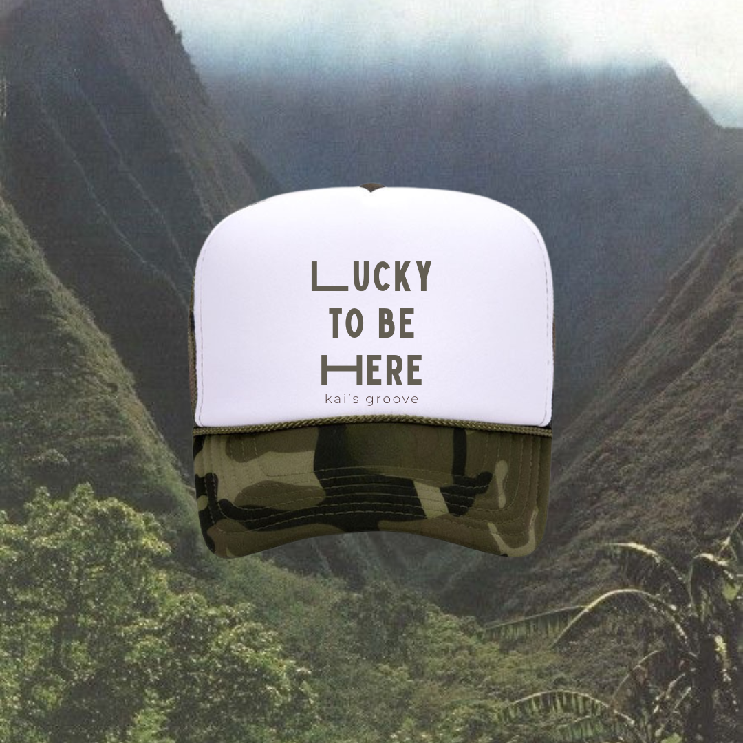 LUCKY TO BE HERE white/camo trucker hat