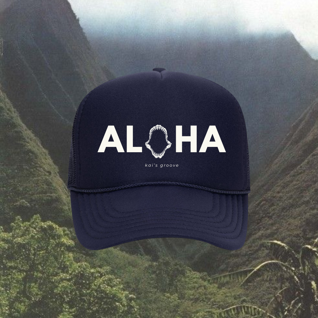 ALOHA jaws ocean blue camo trucker hat