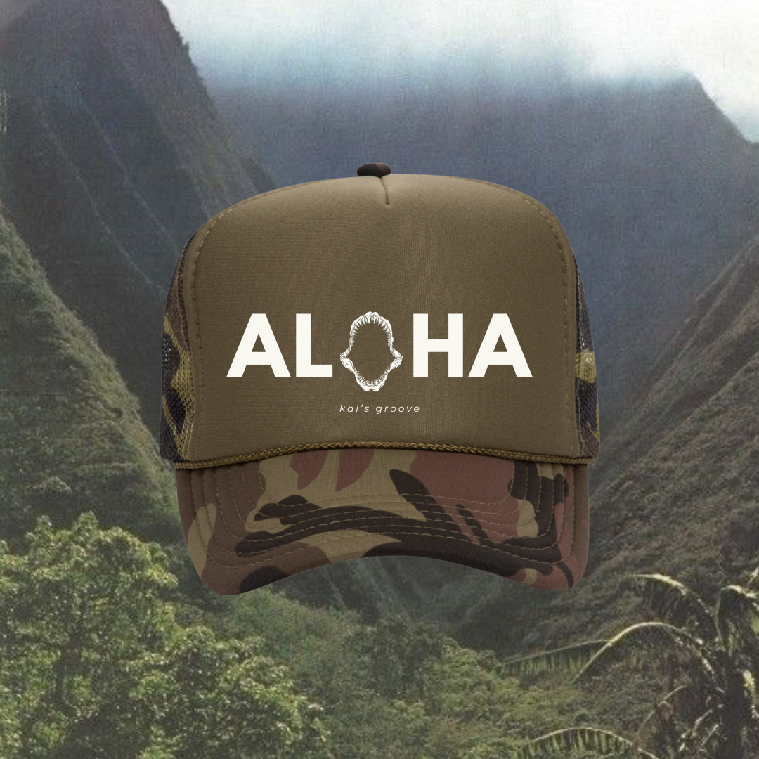 ALOHA jaws dark green camo trucker hat
