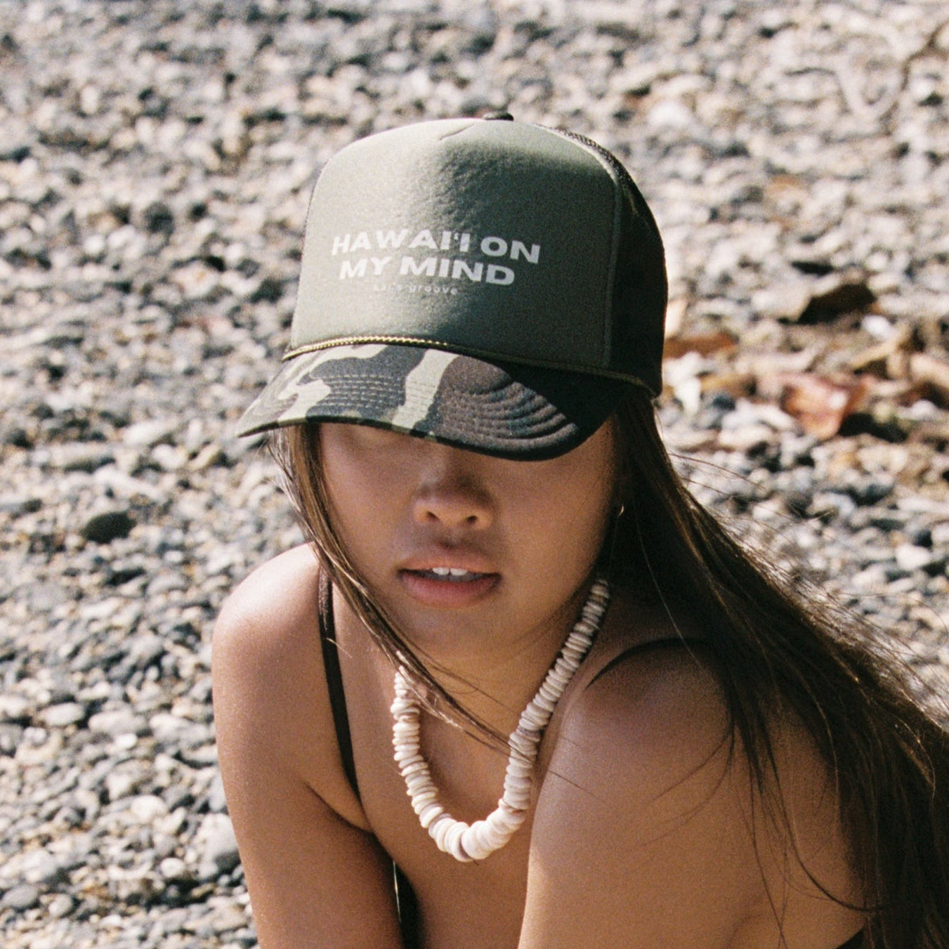 hawai’i on my mind - green camo trucker hat