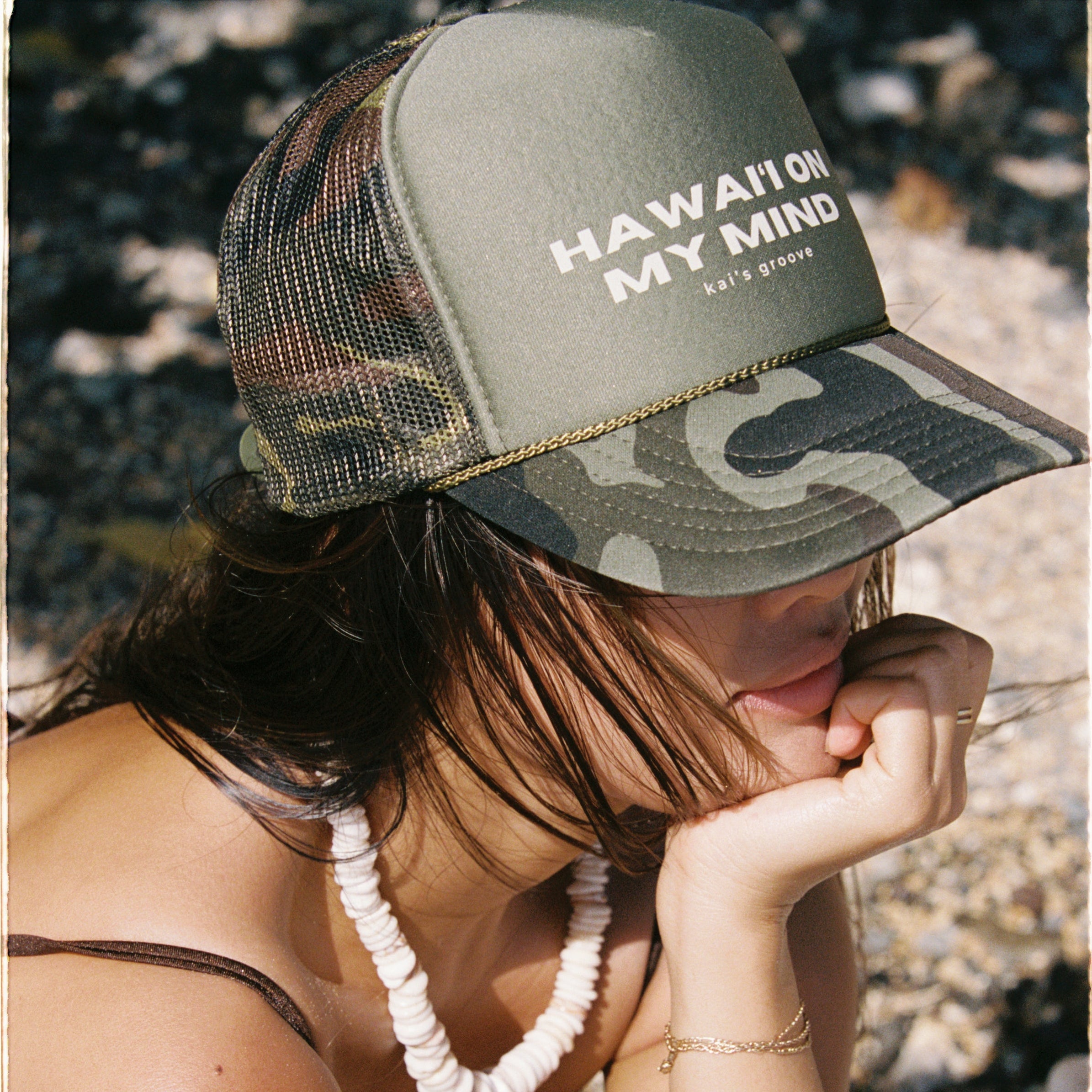 HAWAI’I ON MY MIND green camo trucker hat