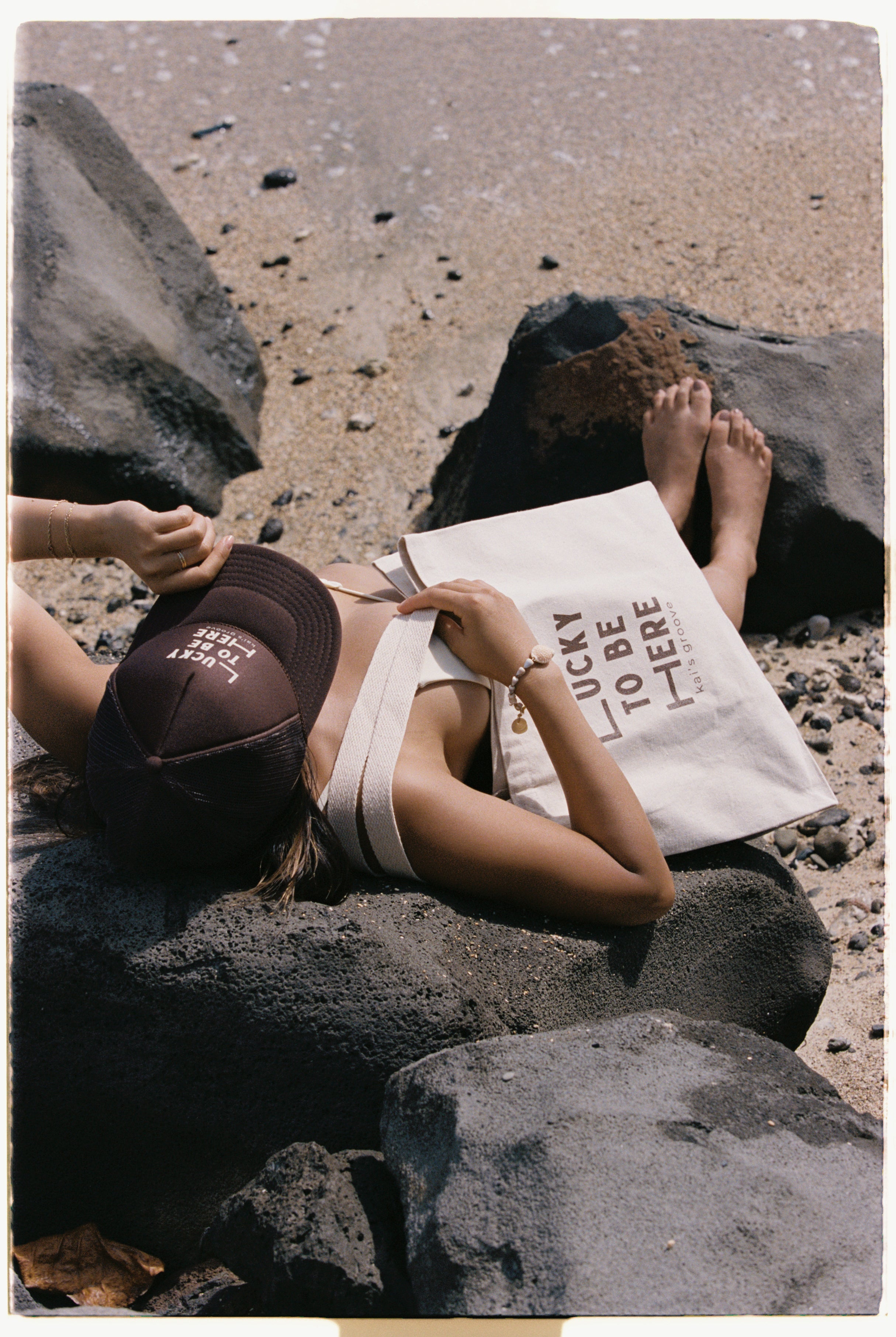 LUCKY TO BE HERE brown trucker hat