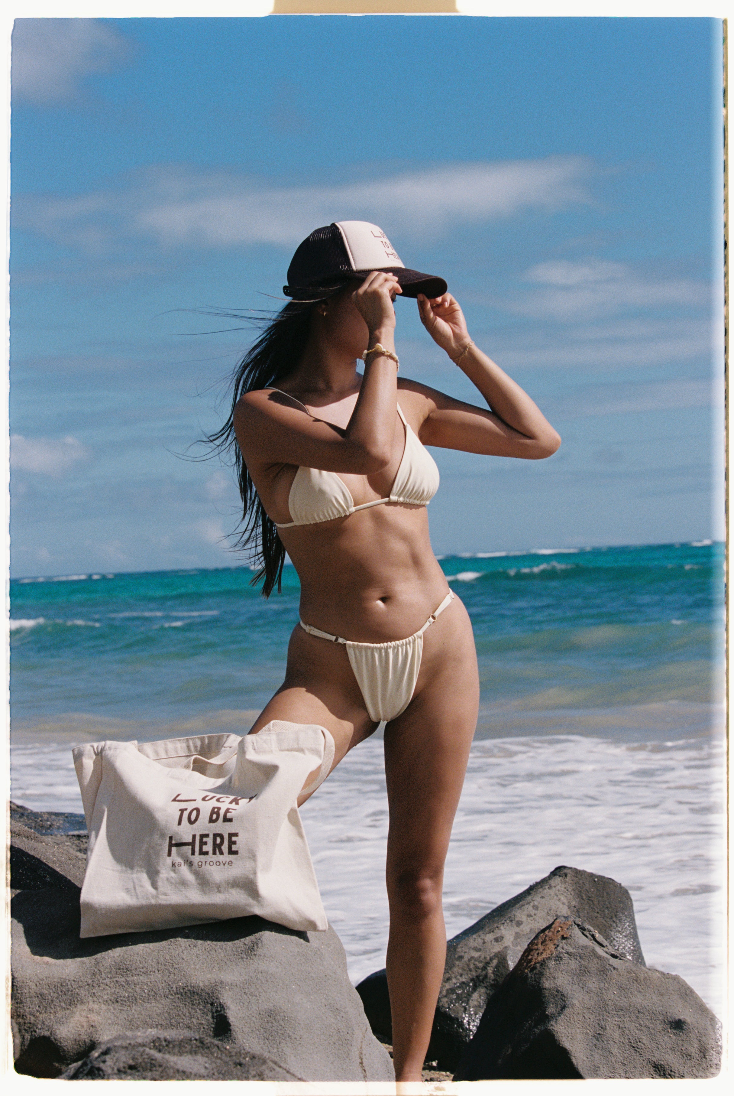 LUCKY TO BE HERE brown/khaki trucker hat