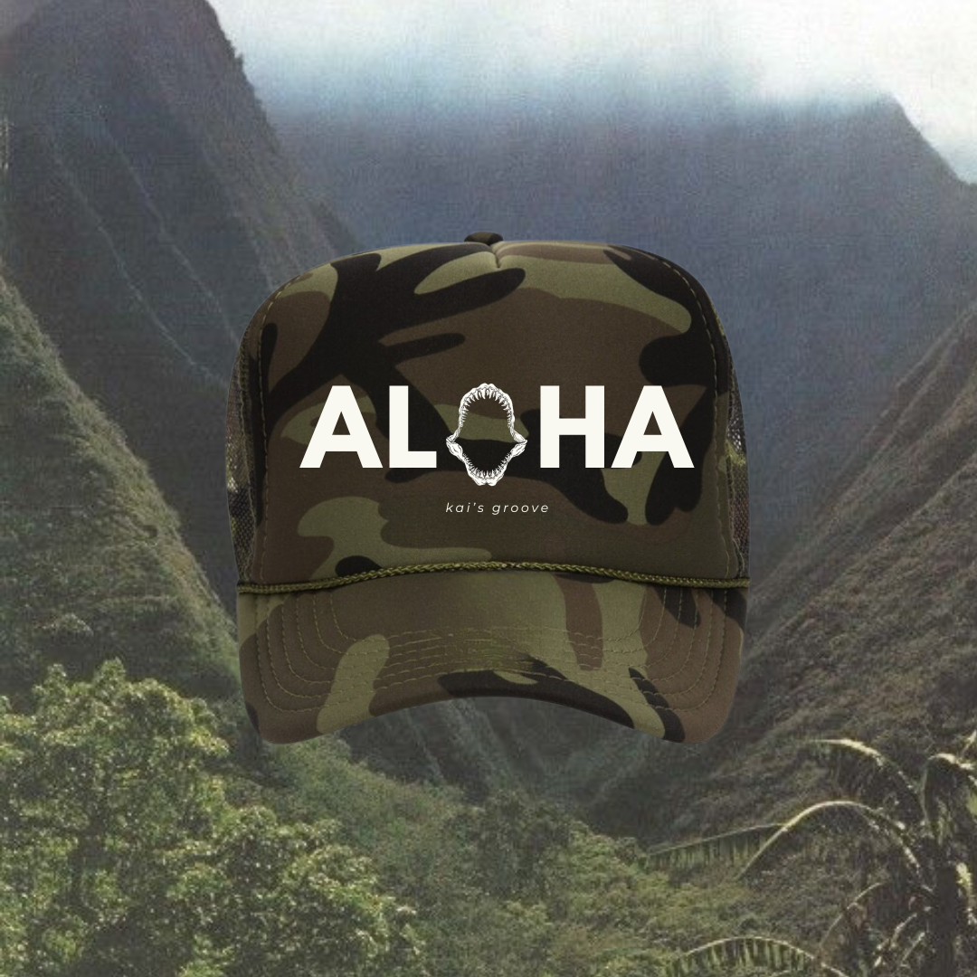 ALOHA jaws camo trucker hat
