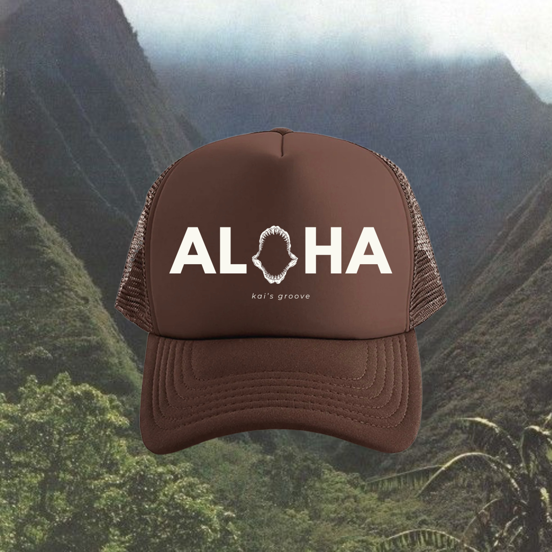 ALOHA jaws brown trucker hat